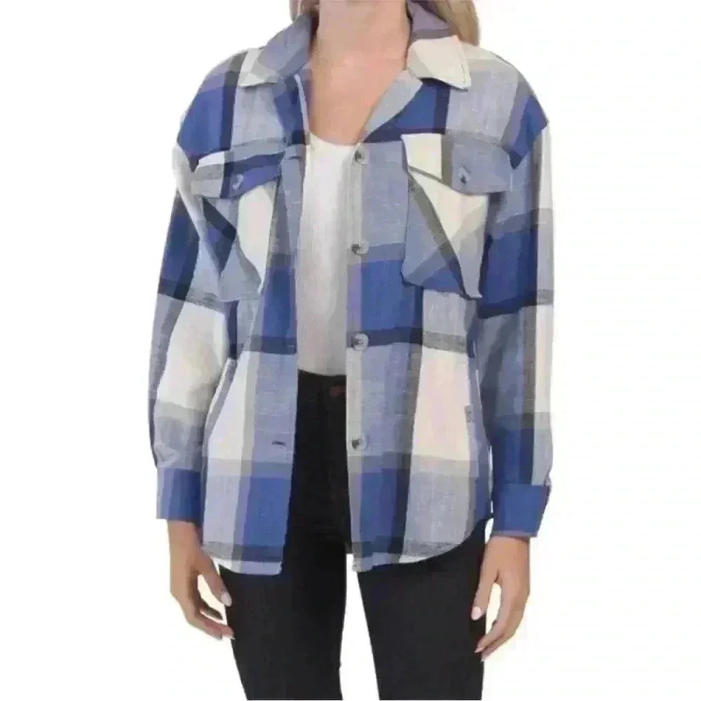 NWT ASHLEY BY 26 INTERNATIONAL Blue Plaid Plaid Long Shacket With Pockets Sz M